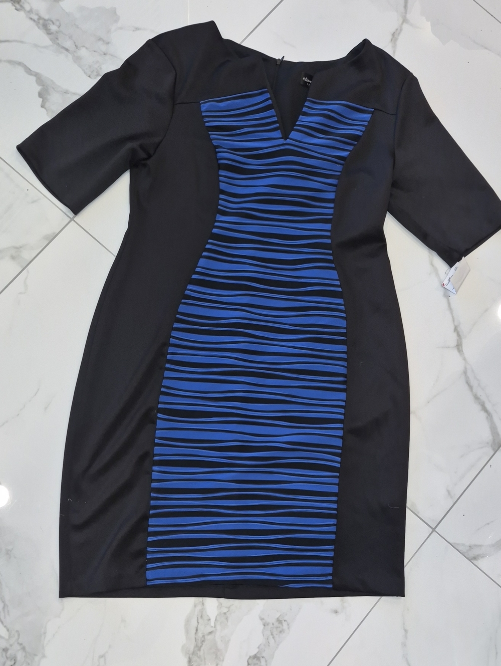 Black Dress with Blue Striped Front Panel - Women's Sheath Dress